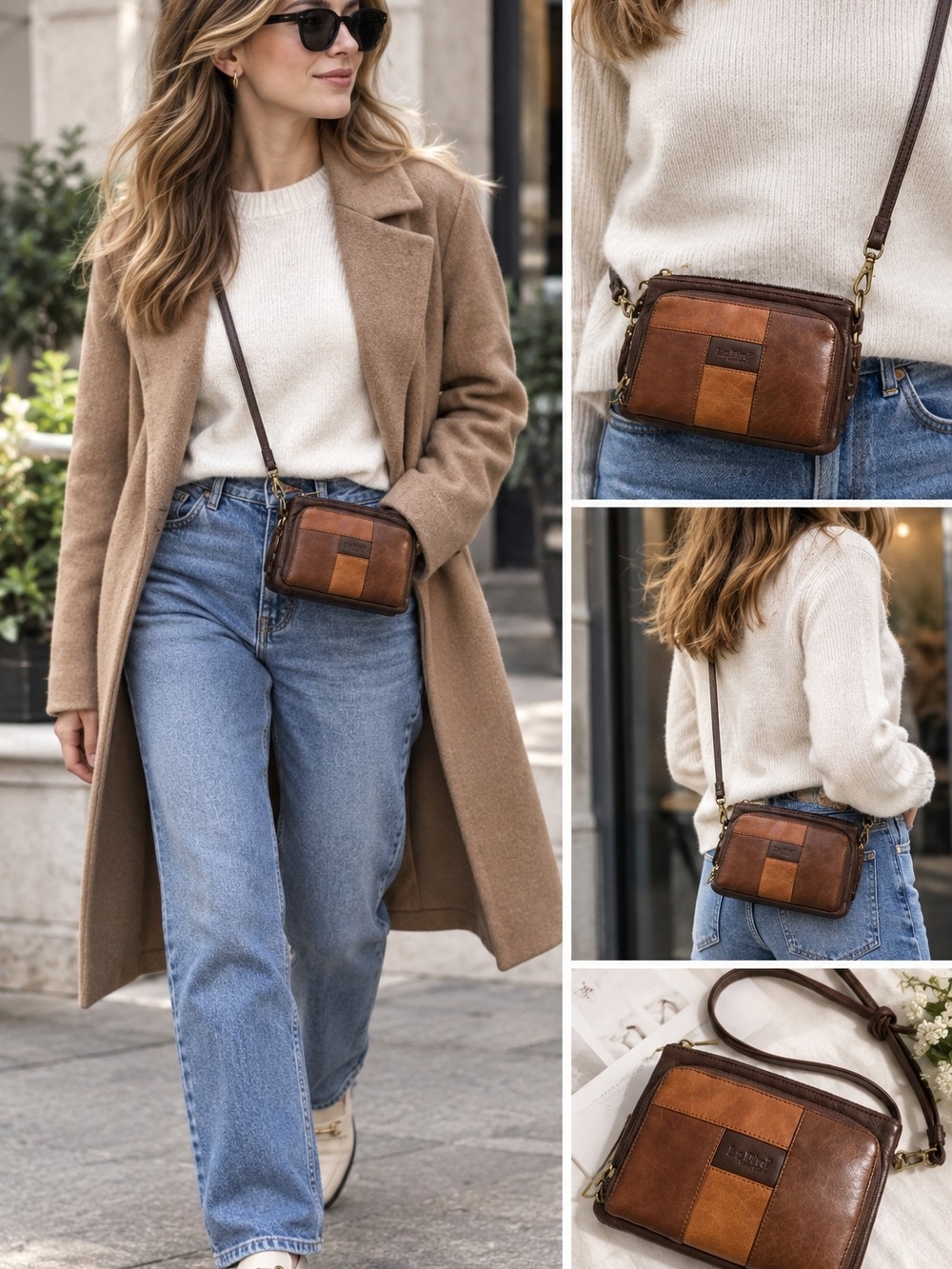 Patch Crossbody Bag - Brown ,small, tiny genuine leather Purse. Italian Design